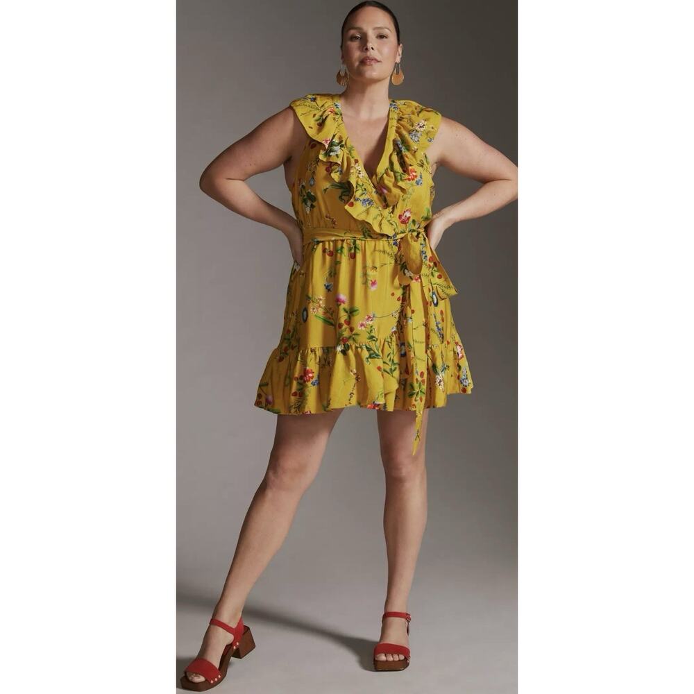 Anthropologie Maeve Strawberry Floral-Wrap Mini Dress Sz XL Cottagecore Boho